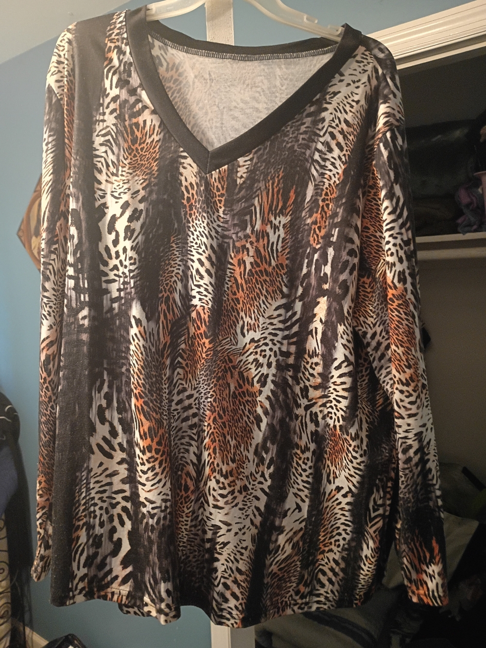 Animal Print V-Neck Long Sleeve Top - Black, White & Brown